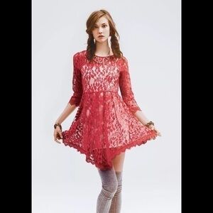 NWT Free People Hot Red Floral Lace Flare Pleated Mini Dress Size 2